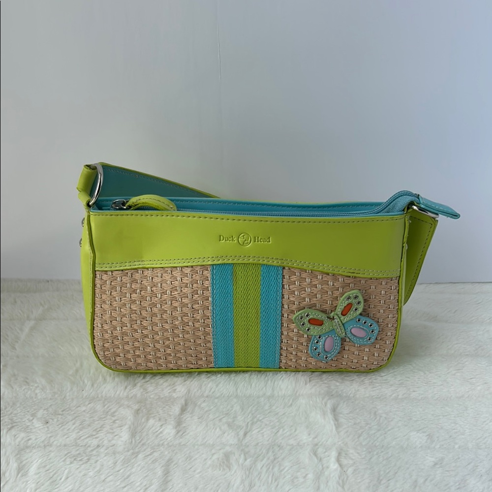 Green and Tan Shoulder Bag with Woven Panel